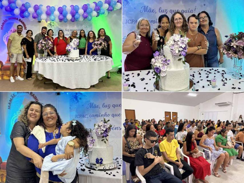 4 fotos que mostram usuários e profissionais reunidos na celebração, no Centro de Vivências do ICPAC