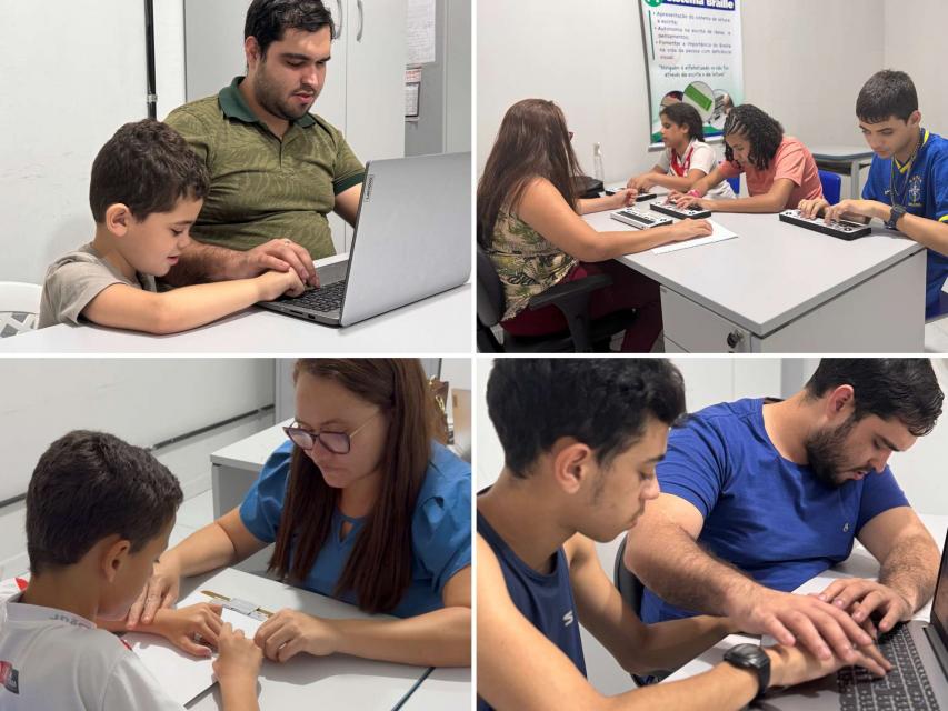 Conjunto de 4 fotos, que mostram atendimentos com notebooks, linhas braille e alunos tateando folhas em Braille, nas salas do ICPAC, com usuários com deficiência visual