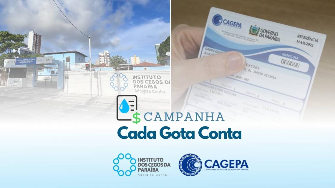 Card ilustrativo da campanha “Cada Gota Conta”, parceria entre o ICPAC e a CAGEPA. As imagens mostram a fachada do ICPAC e uma conta de água da CAGEPA