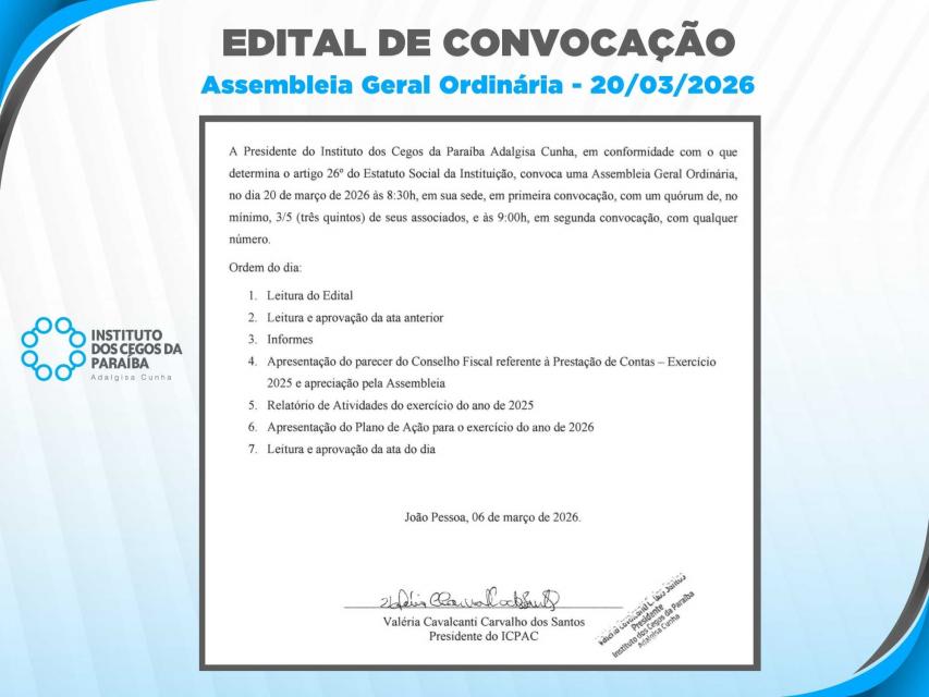 Card ilustrativo com a imagem central do Edital de Convocação. Na parte lateral temos a logo do ICPAC.