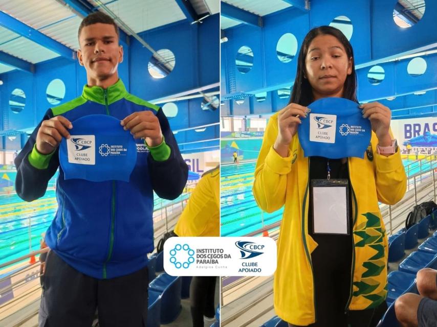 Card com os dois atletas do ICPAC segurando suas tocas durante a competição.