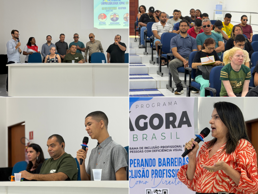 Imagem com quatro registros do Encontro da Empregabilidade ICPAC 2026, mostrando participantes no auditório e momentos de fala e discussão durante a programação.