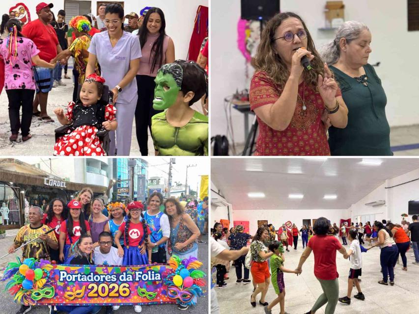 Conjunto de 4 fotos, que mostram a Folia ICPAC 2026, com comemorações no Centro de Vivência e no Bloco Portadores da Folia, junto a usuários, familiares e profissionais