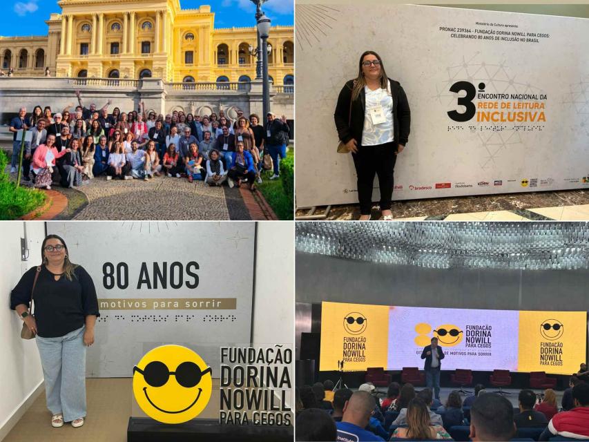  Card com fotos do evento. Nas imagens aparecem Vanesa Veloso em frente ao painel do Encontro Nacional da Rede de Leitura Inclusiva, registros de uma palestra em auditório, visita à Fundação Dorina Nowill e uma foto coletiva com participantes de todo o pa