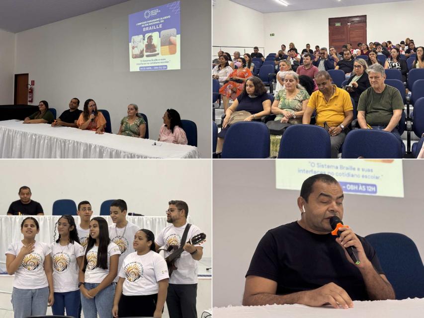 Conjunto de 4 fotos que mostram profissionais e usuários participando do Simpósio 