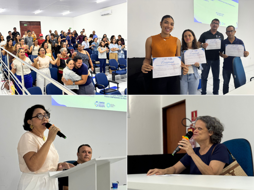 Card com quatro fotos do II Simpósio do ICPAC, mostrando profissionais no auditório, participantes com certificados e momentos de fala e interação durante o evento.