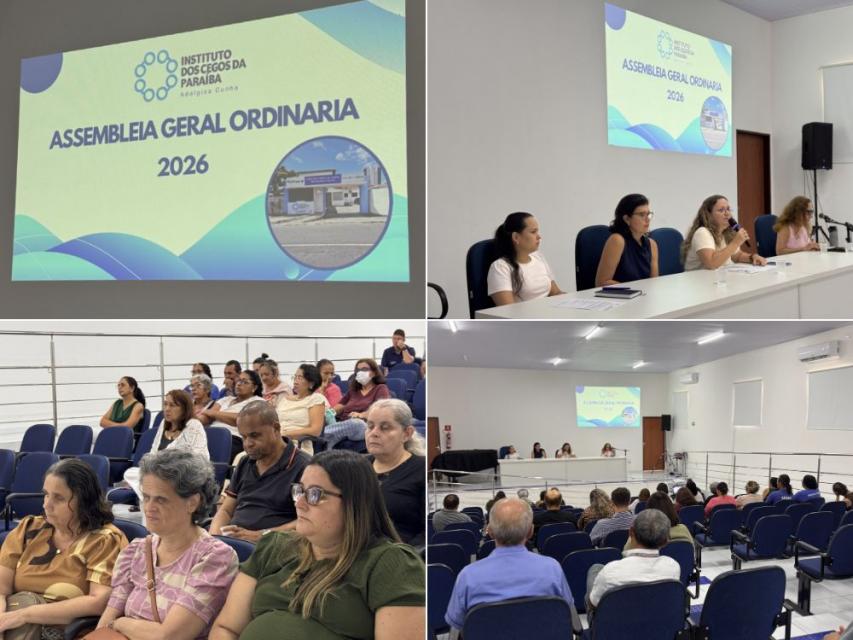 Conjunto de fotos da Assembleia Geral Ordinária 2026 realizada no auditório do ICPAC. As imagens mostram a mesa composta por Valéria Carvalho - Presidente, Andréia Cristina - Contadora, Suzi Belarmino - Secretária Geral e Andressa Soares - Assistente Soci