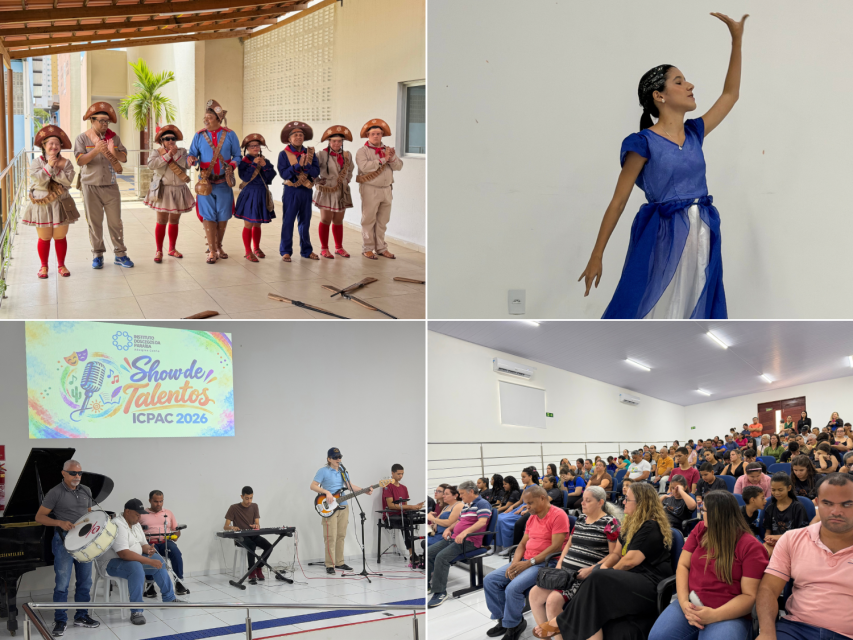 Card com quatro registros do Show de Talentos ICPAC 2026, mostrando apresentações de xaxado, dança, música e o público acompanhando a programação.