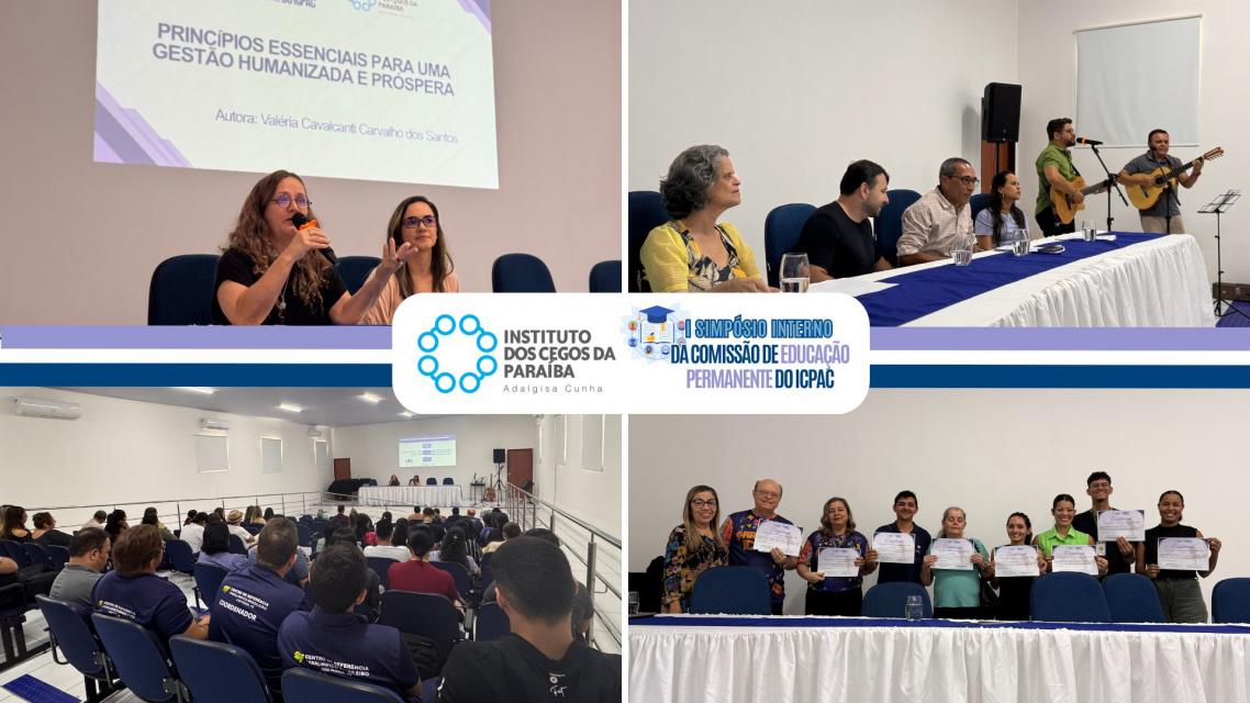 Imagens do Simpósio do ICPAC. Profissionais apresentam trabalhos, recebem certificados e prestam atenção nas apresentações.