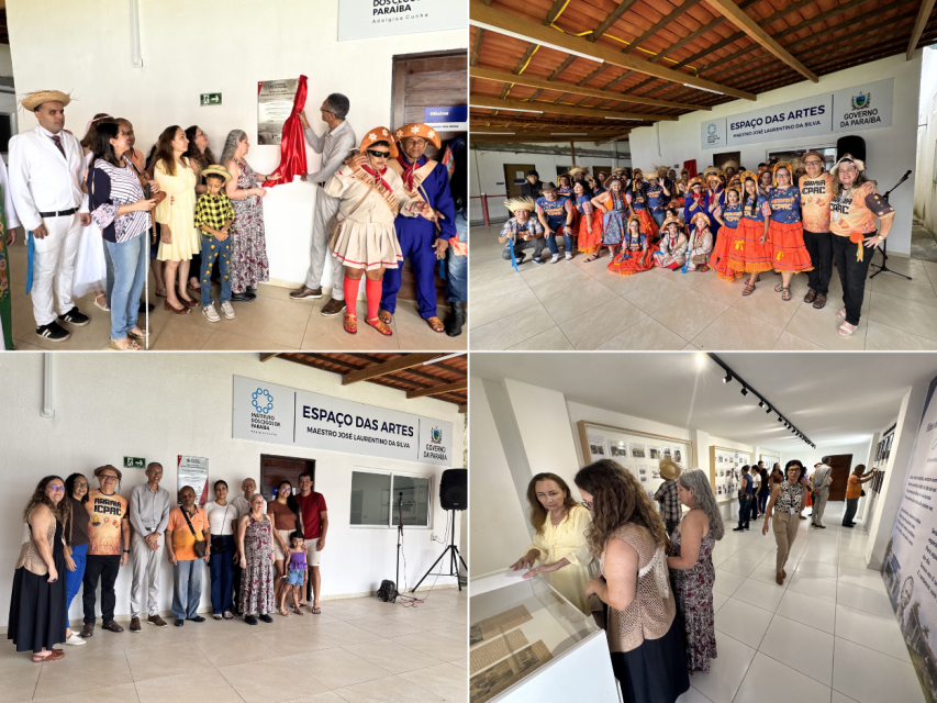 4 fotos que mostram os participantes em frente ao Espaço das Artes durante a solenidade