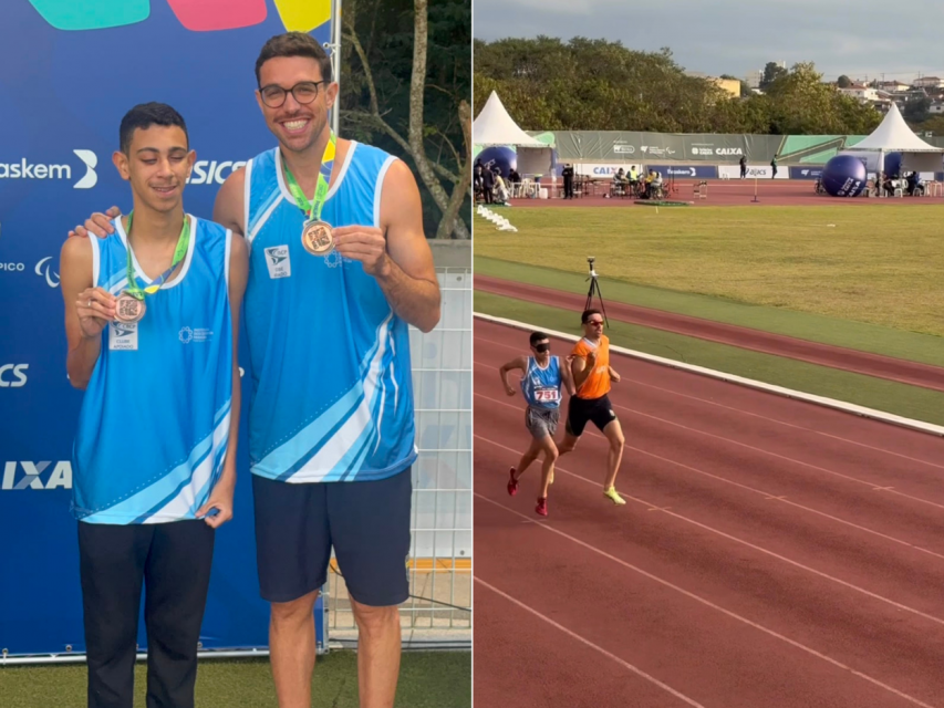 Fotos de Marquinhos ao lado do seu guia Arthur competindo e segundo as medalhas 