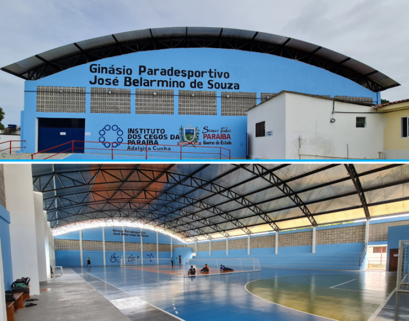 Imagem da parte externa e interna do Ginásio José Belarmino de Souza